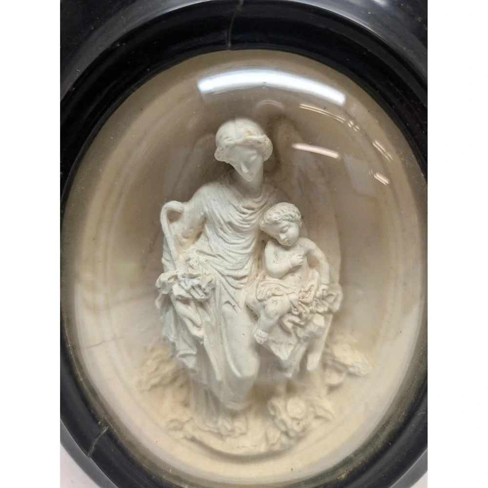 Vintage Guardian Angel Child Oval Relief Wall Plaque Black Frame Christian Decor
